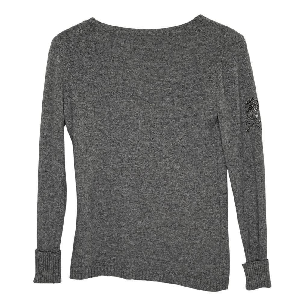 Oats Cashmere 100% Cashmere Gray Scoop Neck Sweater M Rhinestone Skull